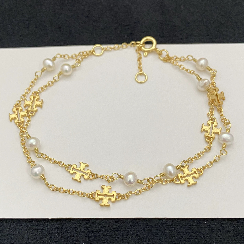 Tory Burch Inlaid Letter Double Layer Pearl Metal Bracelet
